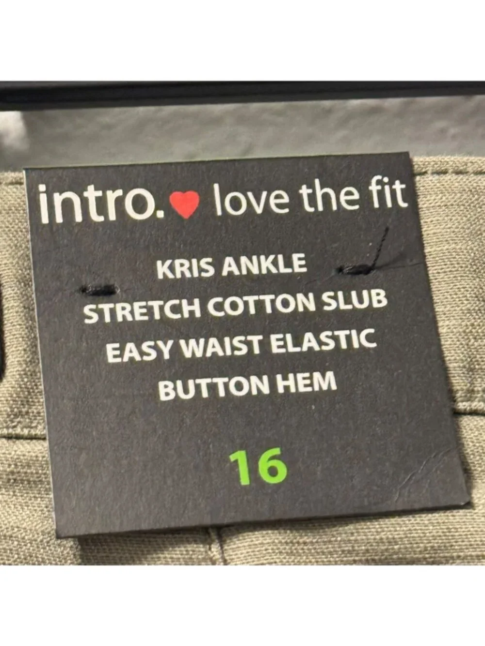 Intro. Kris Ankle Stretch Cotton Slub olive green Pants Size 16 women NWT - Picture 3 of 12